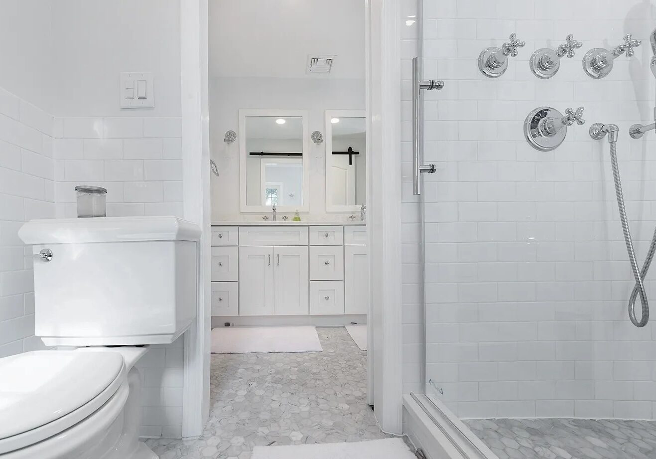 Full view of Toilet Vanity and Shower area